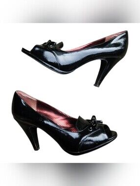 Bongo Y2K High Heels Womens 8.5 Black Peep Toe Bow Dark Coquette Doll Pinup Goth